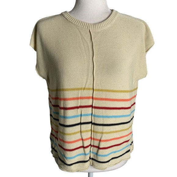 Knit Sleeveless Sweater Vest M Beige Rainbow Stripe Round Neck Pullover - Picture 1 of 6